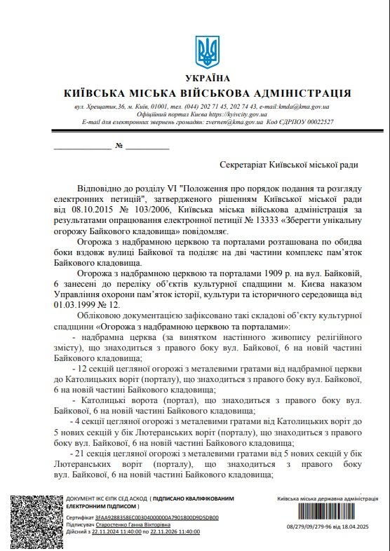 Відповідь КМДА на петицію про збереження огорожі Байкового кладовища